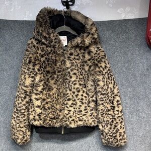Cat & Jack faux fir cheetah leopard hooded full zip up lined jacket coat S